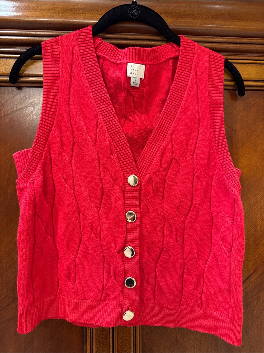 A New Day Bright Red Cable-Knit V-Neck Button Sweater Vest
